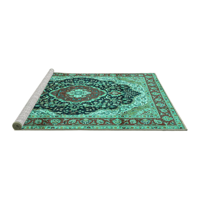 Sideview of Machine Washable Medallion Turquoise Traditional Area Rugs, wshtr136turq