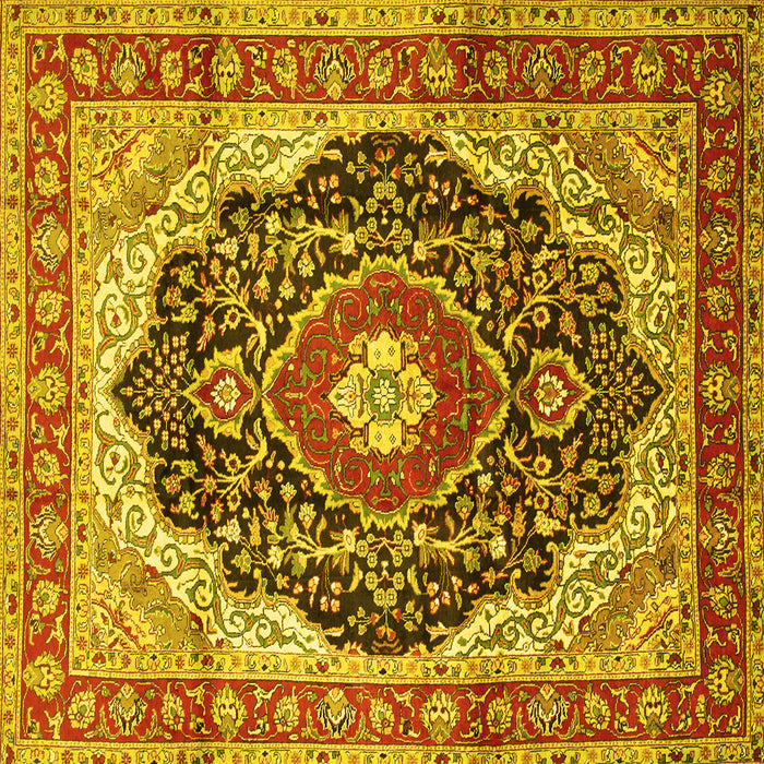 Square Machine Washable Medallion Yellow Traditional Rug, wshtr136yw