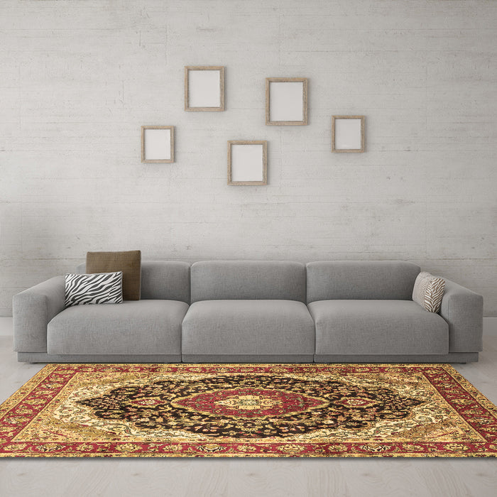 Machine Washable Medallion Brown Traditional Rug in a Living Room,, wshtr136brn