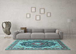 Machine Washable Medallion Light Blue Traditional Rug in a Living Room, wshtr136lblu