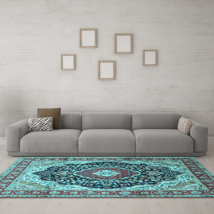 Machine Washable Medallion Light Blue Traditional Rug in a Living Room, wshtr136lblu