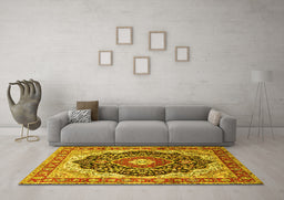 Machine Washable Medallion Yellow Traditional Rug in a Living Room, wshtr136yw