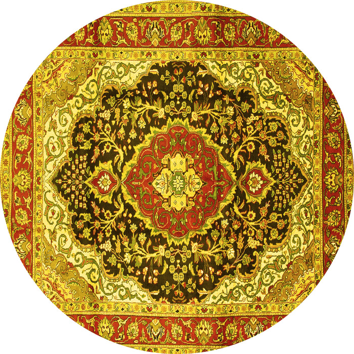 Round Machine Washable Medallion Yellow Traditional Rug, wshtr136yw