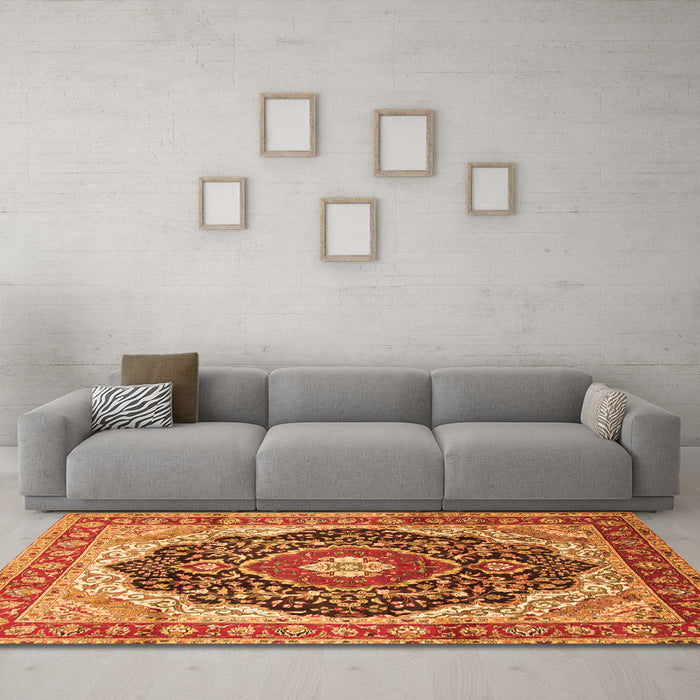 Machine Washable Medallion Orange Traditional Area Rugs in a Living Room, wshtr136org