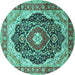 Round Machine Washable Medallion Turquoise Traditional Area Rugs, wshtr136turq