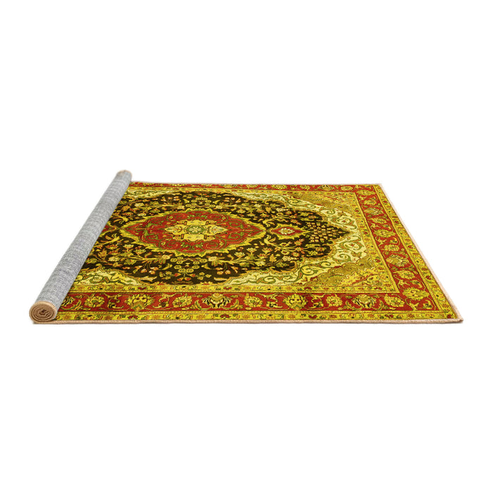 Sideview of Machine Washable Medallion Yellow Traditional Rug, wshtr136yw