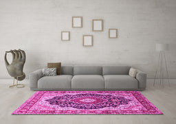 Machine Washable Medallion Pink Traditional Rug in a Living Room, wshtr136pnk