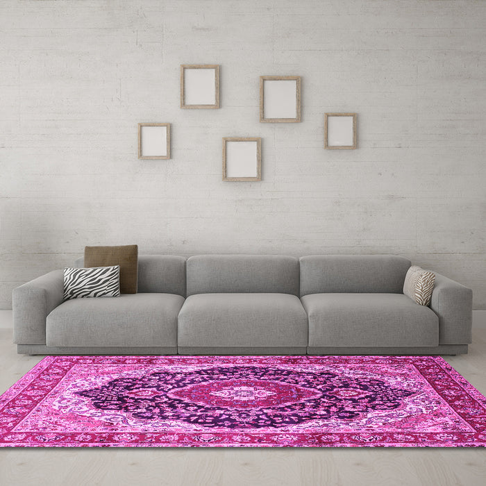Machine Washable Medallion Pink Traditional Rug in a Living Room, wshtr136pnk