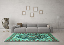 Machine Washable Medallion Turquoise Traditional Area Rugs in a Living Room,, wshtr136turq