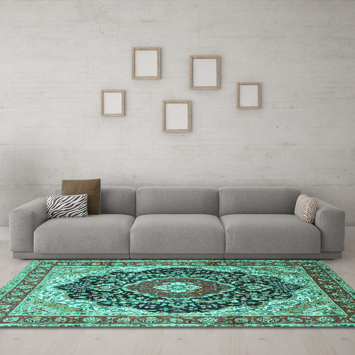 Machine Washable Medallion Turquoise Traditional Area Rugs in a Living Room,, wshtr136turq