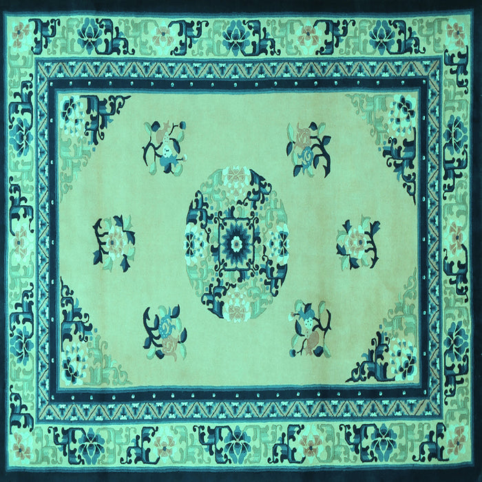 Square Machine Washable Oriental Turquoise Asian Inspired Area Rugs, wshtr1370turq