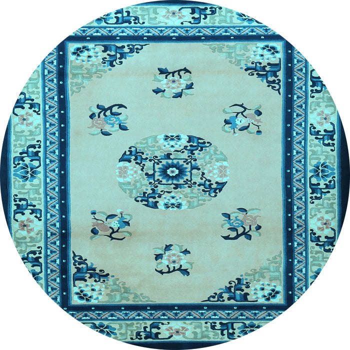 Round Machine Washable Oriental Light Blue Asian Inspired Rug, wshtr1370lblu