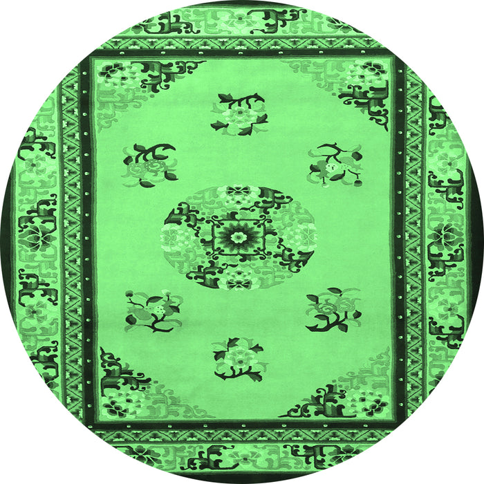 Round Machine Washable Oriental Emerald Green Asian Inspired Area Rugs, wshtr1370emgrn