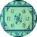 Round Machine Washable Oriental Turquoise Asian Inspired Area Rugs, wshtr1370turq