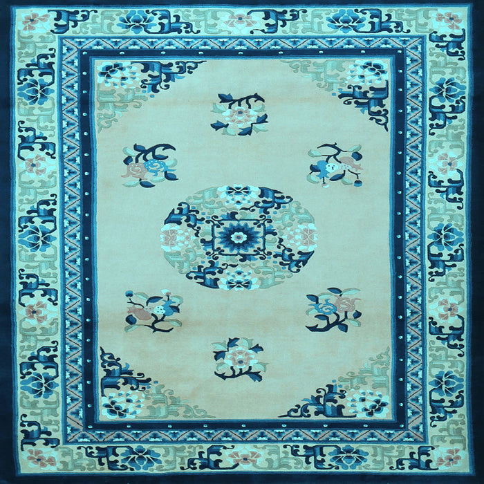 Square Machine Washable Oriental Light Blue Asian Inspired Rug, wshtr1370lblu