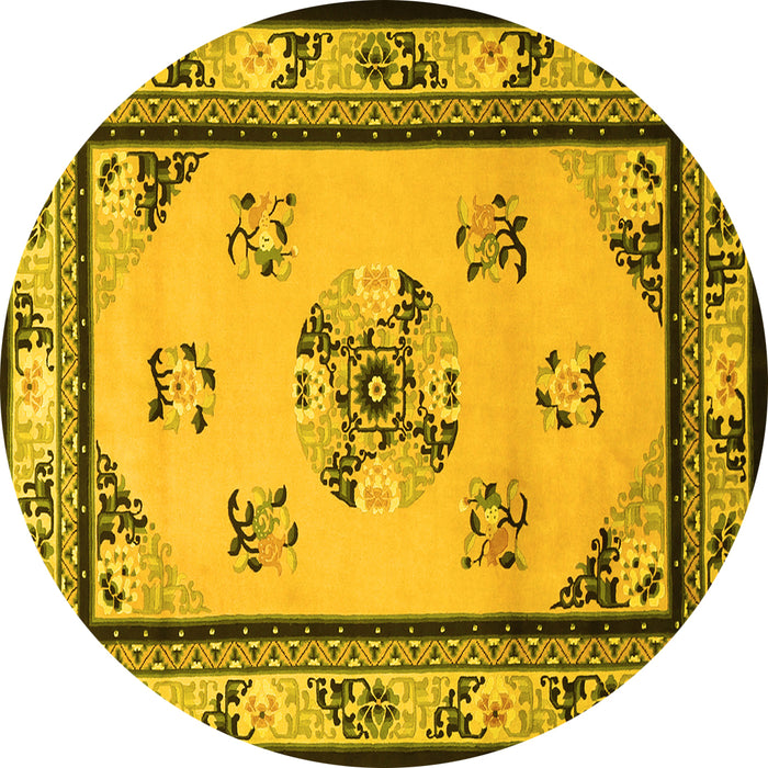 Round Machine Washable Oriental Yellow Asian Inspired Rug, wshtr1370yw