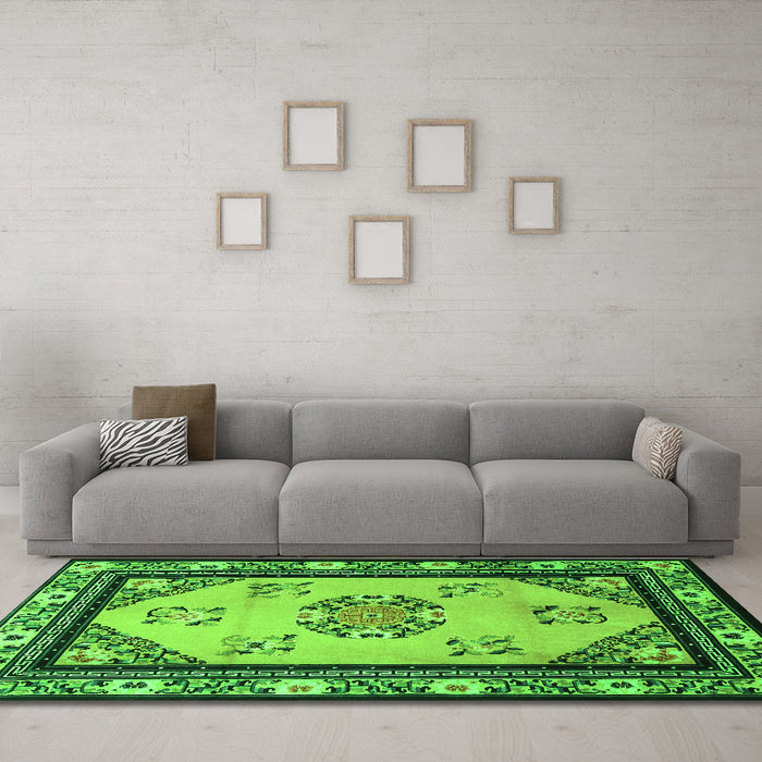 Machine Washable Oriental Green Asian Inspired Area Rugs in a Living Room,, wshtr1371grn