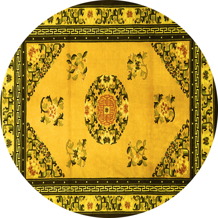 Round Machine Washable Oriental Yellow Asian Inspired Rug, wshtr1371yw