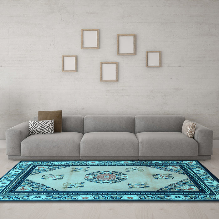 Machine Washable Oriental Light Blue Asian Inspired Rug in a Living Room, wshtr1371lblu