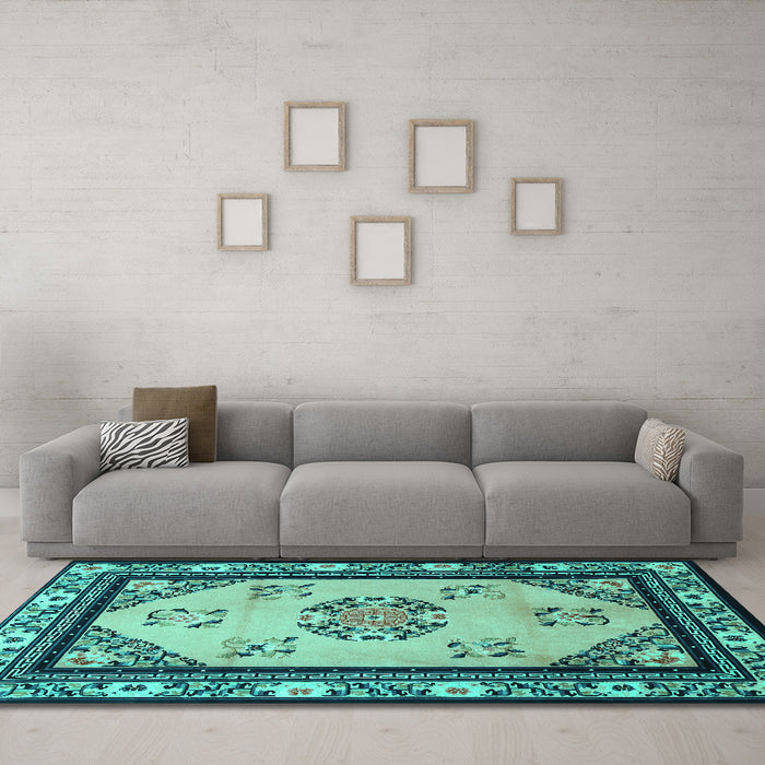 Machine Washable Oriental Turquoise Asian Inspired Area Rugs in a Living Room,, wshtr1371turq