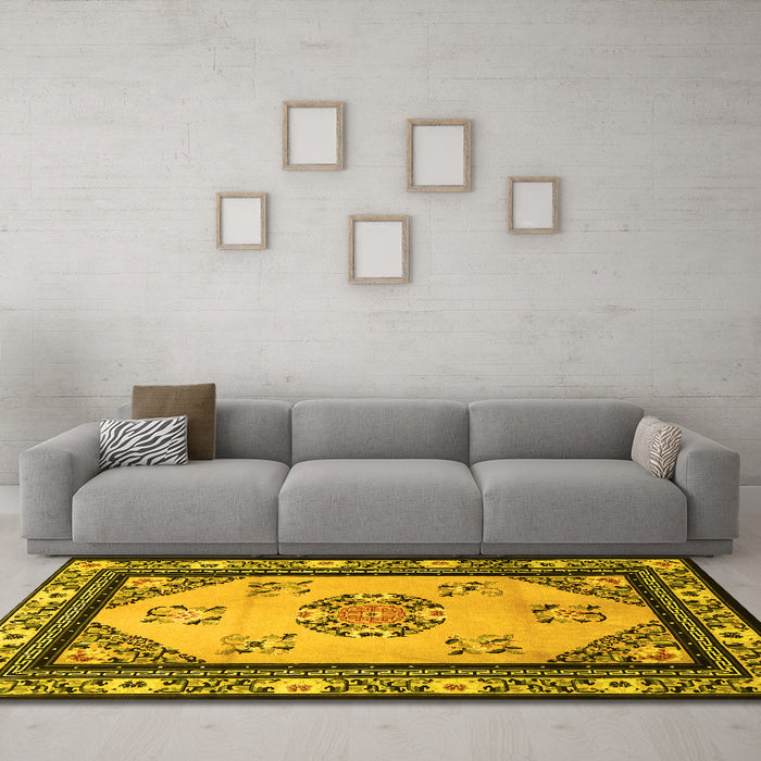 Machine Washable Oriental Yellow Asian Inspired Rug in a Living Room, wshtr1371yw