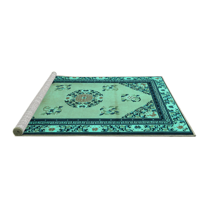 Sideview of Machine Washable Oriental Turquoise Asian Inspired Area Rugs, wshtr1371turq