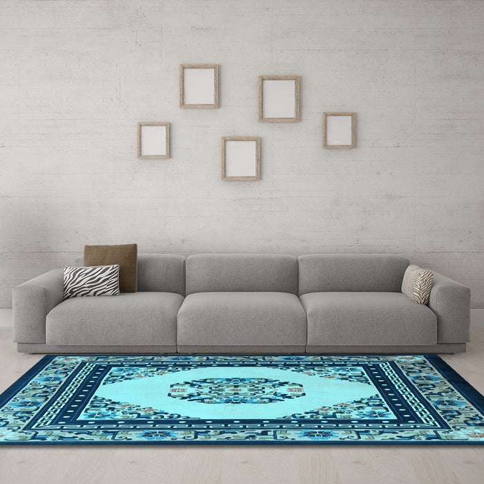 Machine Washable Oriental Light Blue Asian Inspired Rug in a Living Room, wshtr1372lblu