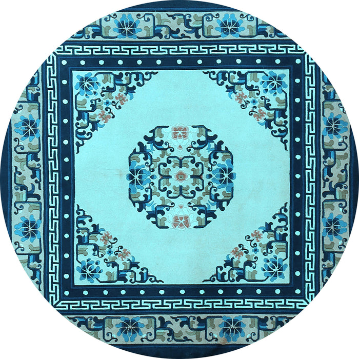 Round Machine Washable Oriental Light Blue Asian Inspired Rug, wshtr1372lblu
