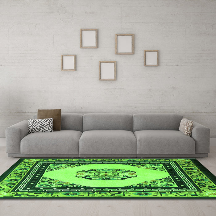 Machine Washable Oriental Green Asian Inspired Area Rugs in a Living Room,, wshtr1372grn