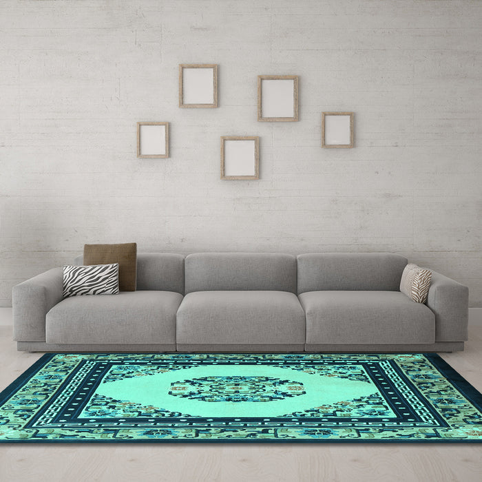 Machine Washable Oriental Turquoise Asian Inspired Area Rugs in a Living Room,, wshtr1372turq