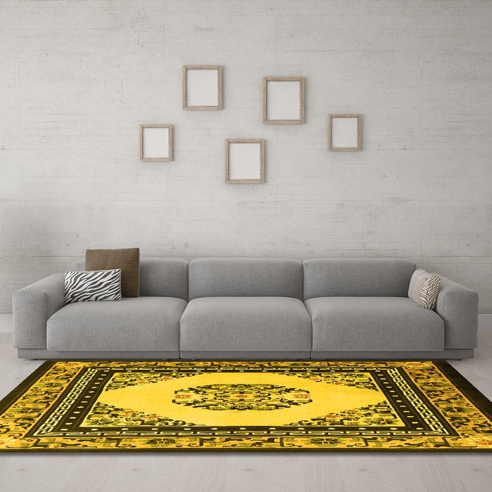 Machine Washable Oriental Yellow Asian Inspired Rug in a Living Room, wshtr1372yw