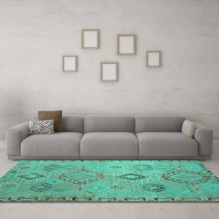 Machine Washable Persian Turquoise Traditional Area Rugs in a Living Room,, wshtr1374turq