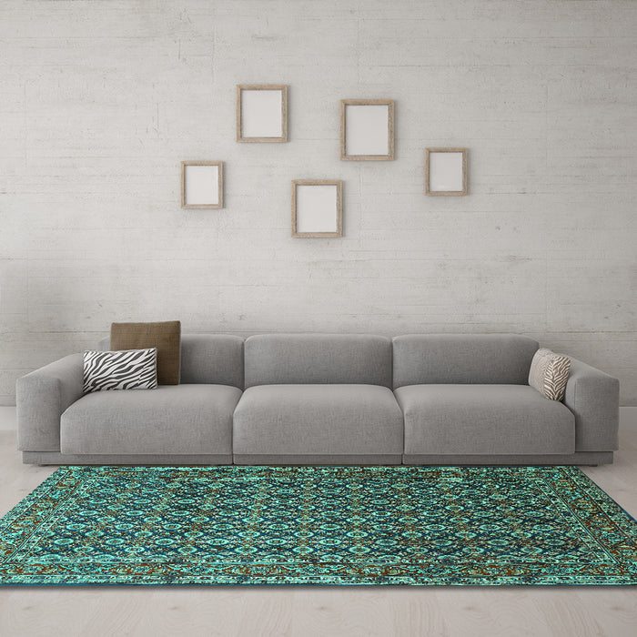 Machine Washable Persian Turquoise Traditional Area Rugs in a Living Room,, wshtr1375turq