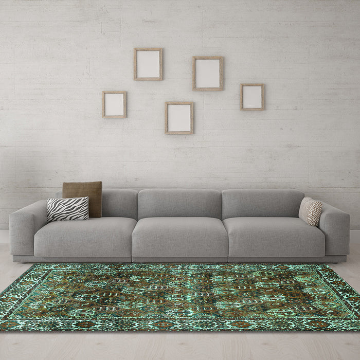 Machine Washable Persian Turquoise Traditional Area Rugs in a Living Room,, wshtr1377turq