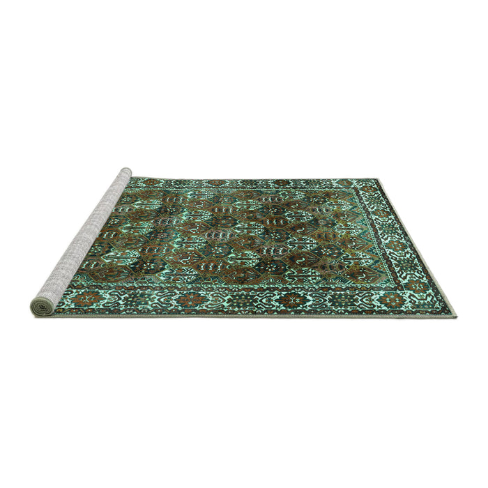 Sideview of Machine Washable Persian Turquoise Traditional Area Rugs, wshtr1377turq