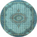 Round Machine Washable Medallion Light Blue Traditional Rug, wshtr1378lblu