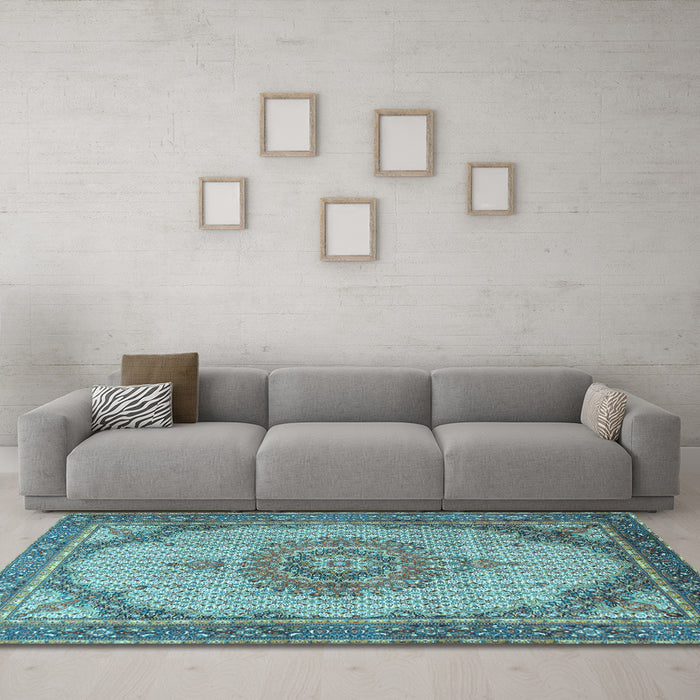 Machine Washable Medallion Light Blue Traditional Rug in a Living Room, wshtr1378lblu