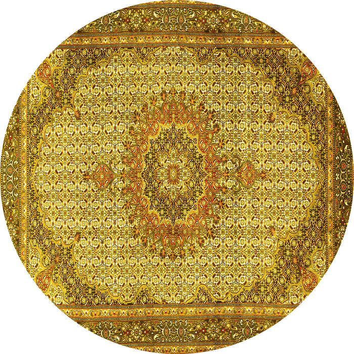 Round Machine Washable Medallion Yellow Traditional Rug, wshtr1378yw