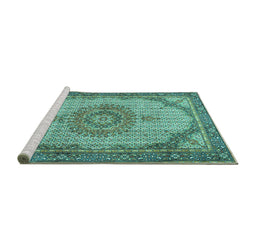Sideview of Machine Washable Medallion Turquoise Traditional Area Rugs, wshtr1378turq