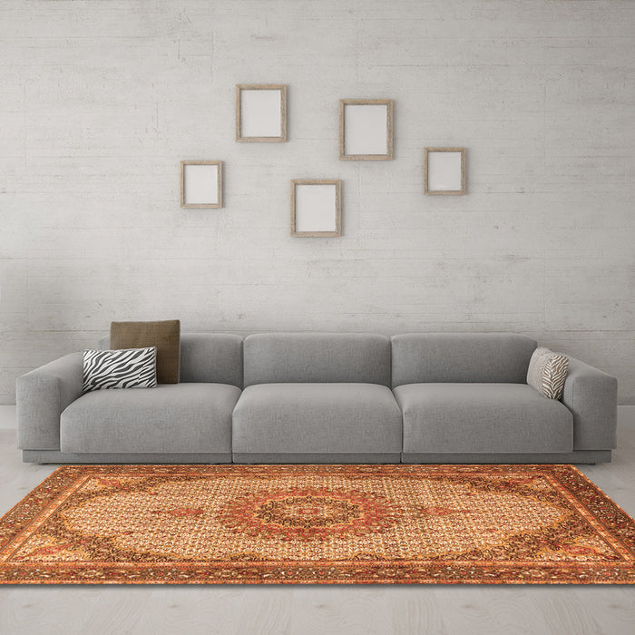 Machine Washable Medallion Orange Traditional Area Rugs in a Living Room, wshtr1378org