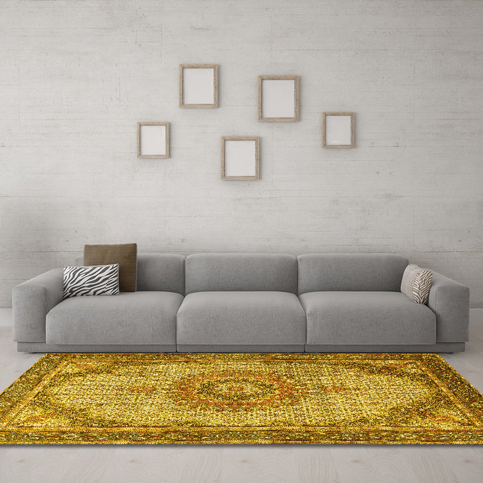 Machine Washable Medallion Yellow Traditional Rug in a Living Room, wshtr1378yw