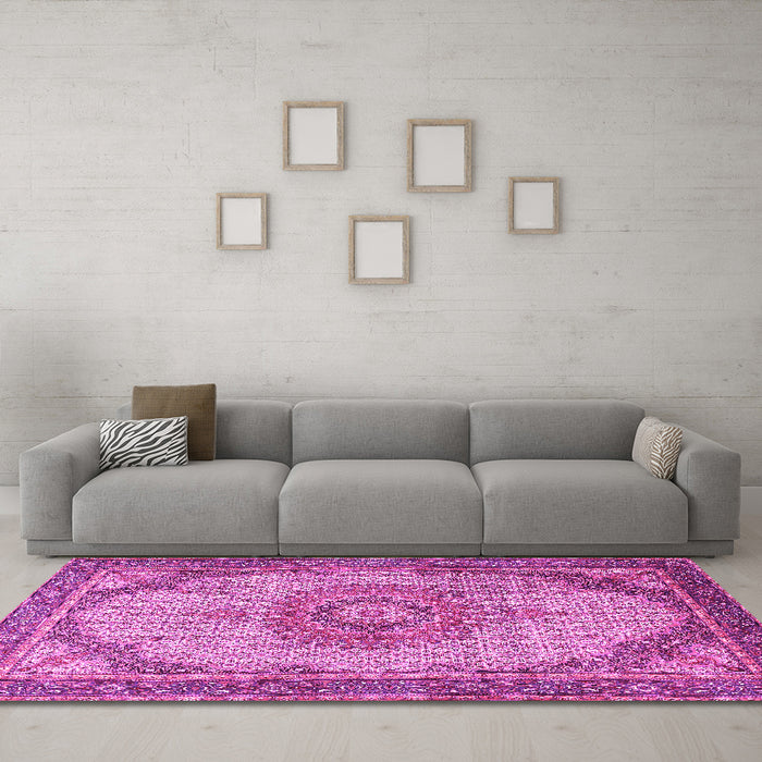 Machine Washable Medallion Pink Traditional Rug in a Living Room, wshtr1378pnk
