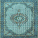 Square Machine Washable Medallion Light Blue Traditional Rug, wshtr1378lblu