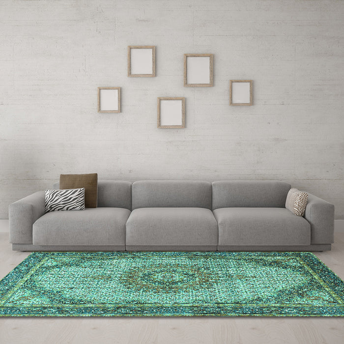 Machine Washable Medallion Turquoise Traditional Area Rugs in a Living Room,, wshtr1378turq