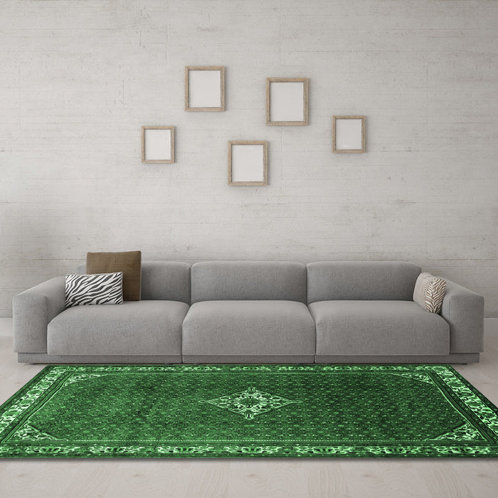 Machine Washable Persian Emerald Green Traditional Area Rugs in a Living Room,, wshtr1379emgrn