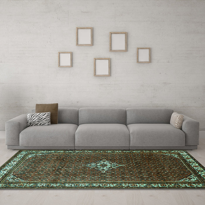 Machine Washable Persian Turquoise Traditional Area Rugs in a Living Room,, wshtr1379turq