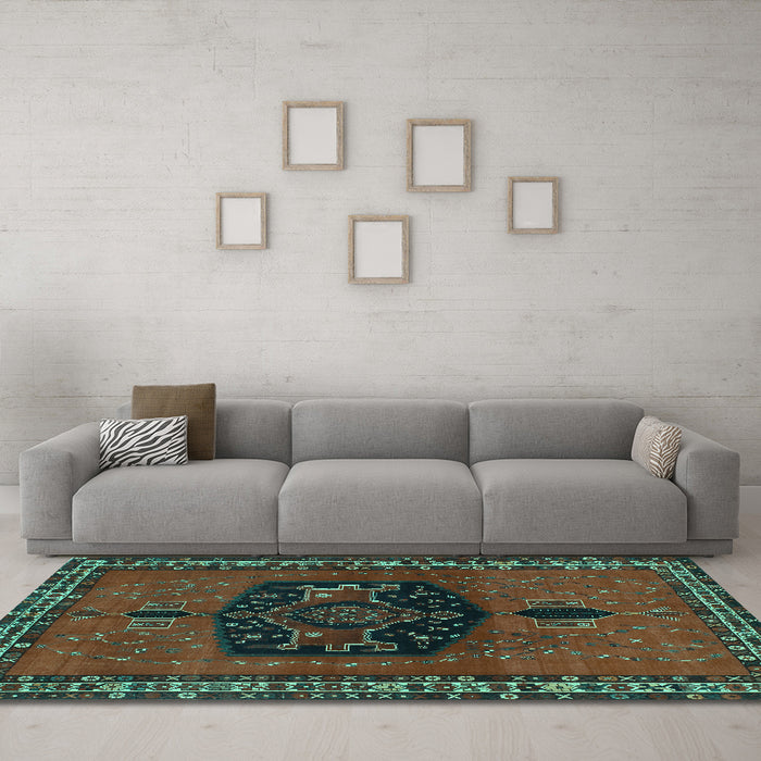 Machine Washable Persian Turquoise Traditional Area Rugs in a Living Room,, wshtr137turq