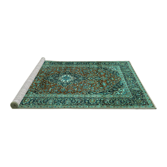 Sideview of Machine Washable Persian Turquoise Traditional Area Rugs, wshtr1380turq