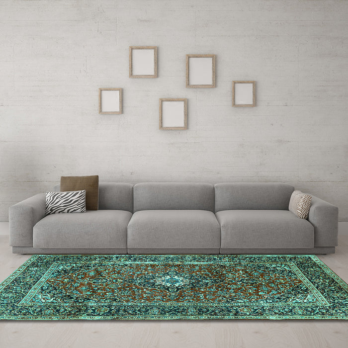 Machine Washable Persian Turquoise Traditional Area Rugs in a Living Room,, wshtr1380turq