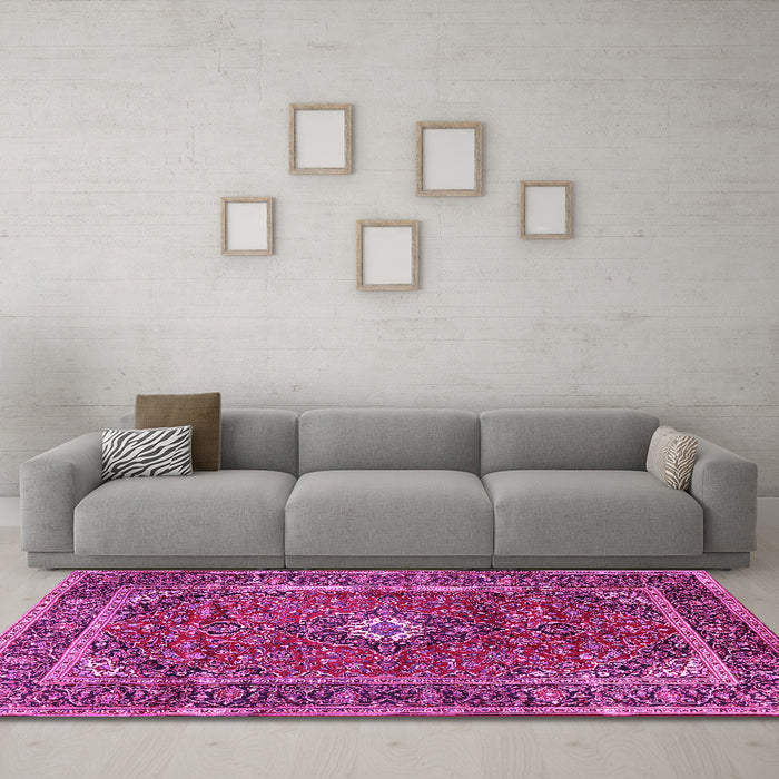 Machine Washable Persian Pink Traditional Rug in a Living Room, wshtr1380pnk